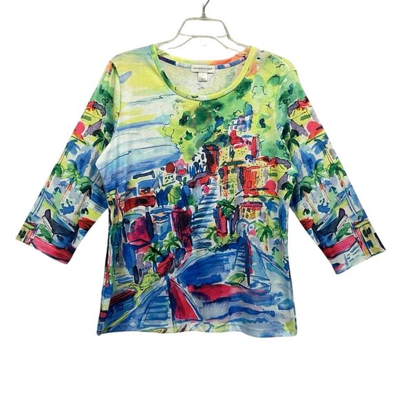 CJ Banks Wearable Art Top Size L Multicolor Artsy Festive Casual Travel Pullover - Picture 1 of 9